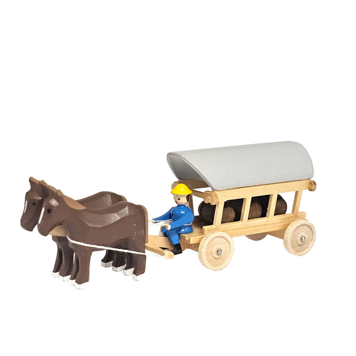 Horses Pulling Covered Wagon - Natural Wooden German Figurine