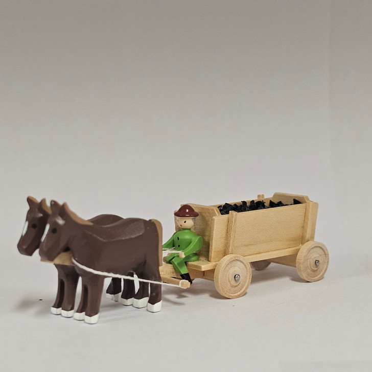Horses Pulling Coal Cart - Natural Wooden German Figurine – detail view of the Christmas ornament