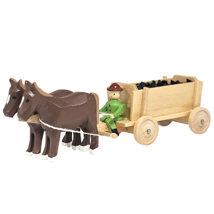 Horses Pulling Coal Cart - Natural Wooden German Figurine – Christmas ornament by Volker & Heiko Flath