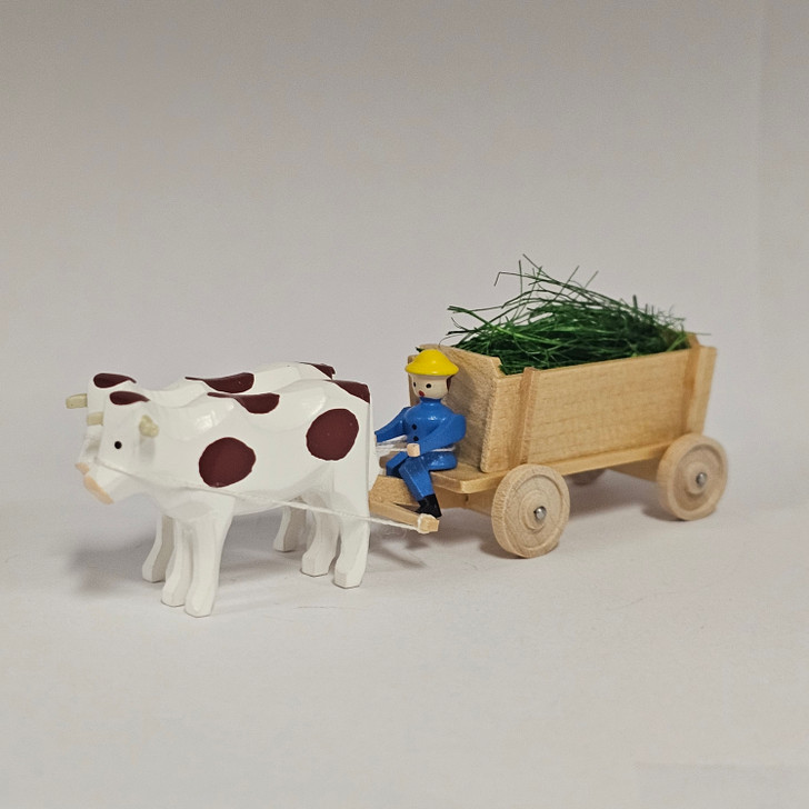 Oxen Pulling Feed Cart - Natural Wooden German Figurine – side view of the Christmas ornament