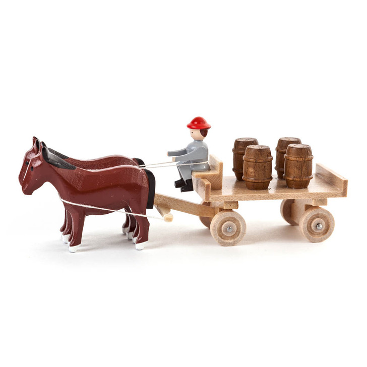 Horses Pulling Barrel Cart - Natural Wooden German Figurine – Christmas ornament by Volker & Heiko Flath