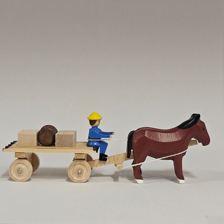 Horses Pulling Box and Barrel Cart - Natural Wooden German Figurine – side view of the Christmas ornament