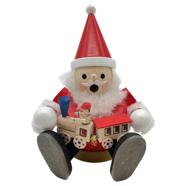 Sitting Santa Gnome Presenting Train Incense Smoker | 15cm – German Christmas smoker by Richard Glaesser
