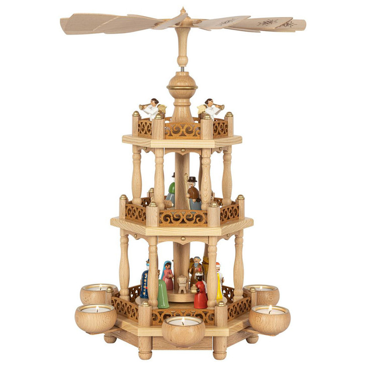Nativity Pyramid with Painted Figures - Tealight -  2 Tier 74cm
