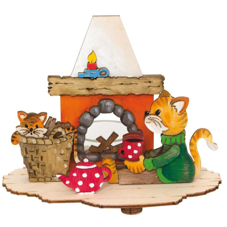 German DIY Candleholder KIT - Cats by a Fireplace - Unpainted – side view of the wooden candleholder