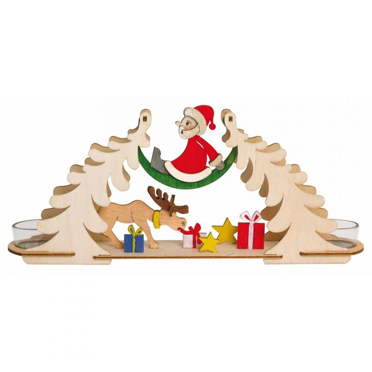 Unfinished Kit: Unpainted Santa and Elk Tealight Candle Arch – side view of the wooden candleholder