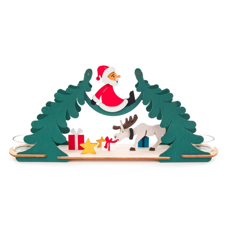 Unfinished Kit: Unpainted Santa and Elk Tealight Candle Arch – detail view of the wooden candleholder