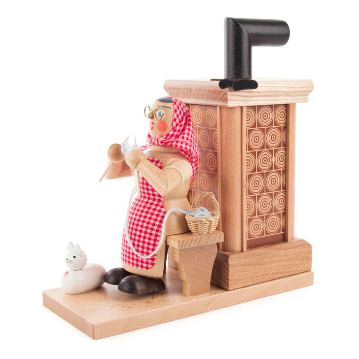 Knitting Grandmother by the Stove Incense Smoker | 8 Inches Tall – alternate view of the German Christmas smoker