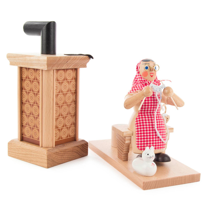 Knitting Grandmother by the Stove Incense Smoker | 8 Inches Tall – side view of the German Christmas smoker