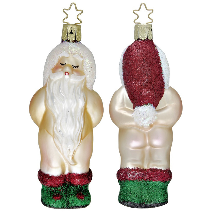 Naked Santa Niko Glass Ornament by Inge-Glas® Germany. Handcrafted mouth-blown glass Santa ornament with humorous design. Made in Germany, 4.8" (12cm).