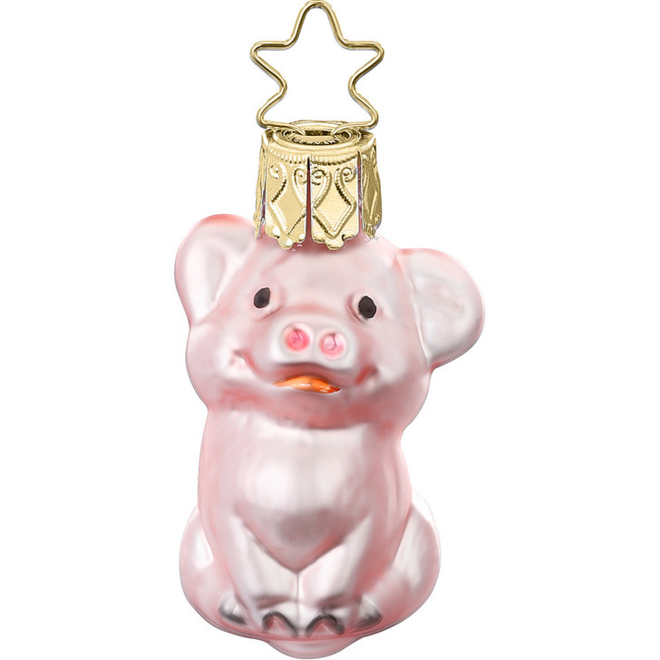 Little Pig Glass Ornament by Inge-Glas® Germany. Mouth-blown, sterling silvered, and hand-painted piglet ornament. Gift boxed and made in Germany.