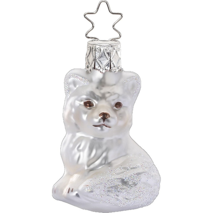 Little Snow Fox Glass Ornament by Inge-Glas® Germany. Matte white fox from the 2019 Delicate & Dreamy Collection. Mouth-blown, hand-painted, gift boxed.