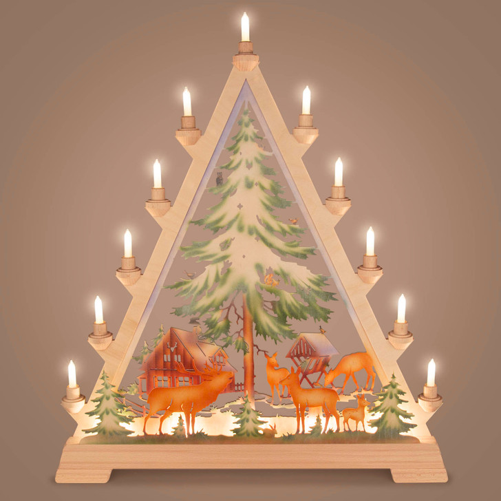 Electric Wooden Candle Arch – Forest House Scene – alternate view of the Christmas light arch