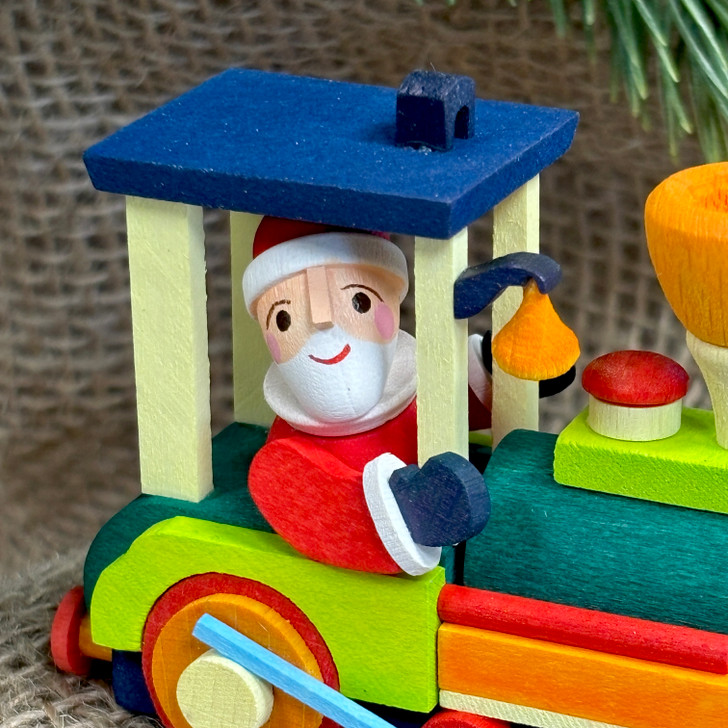 Santa in Train Wooden Ornament – detail view of the Christmas ornament