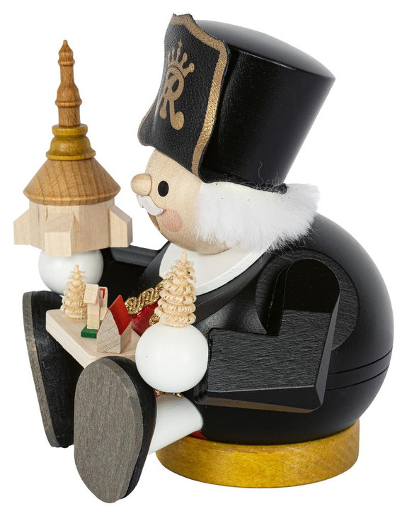 Richard Glässer Sitting Miner Incense Smoker with Seiffen Church – detail view of the German Christmas smoker