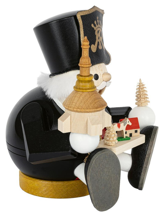 Richard Glässer Sitting Miner Incense Smoker with Seiffen Church – alternate view of the German Christmas smoker