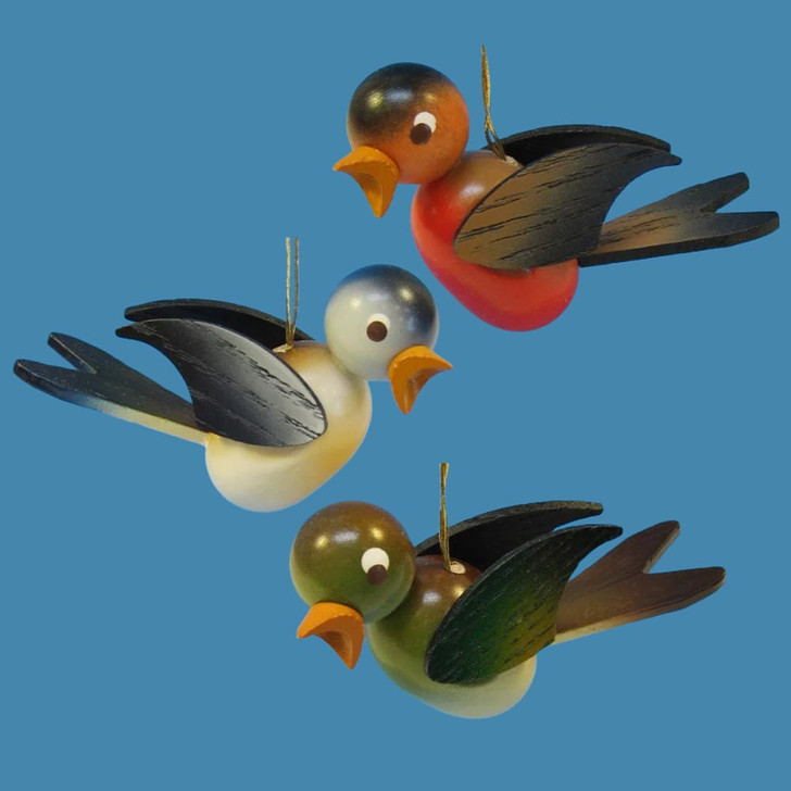 Wooden Painted Bird German Ornament - Set of 6