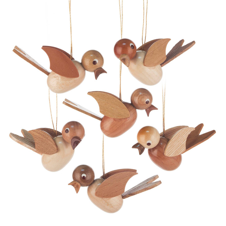 Wooden Natural Bird German Ornament - Set of 6