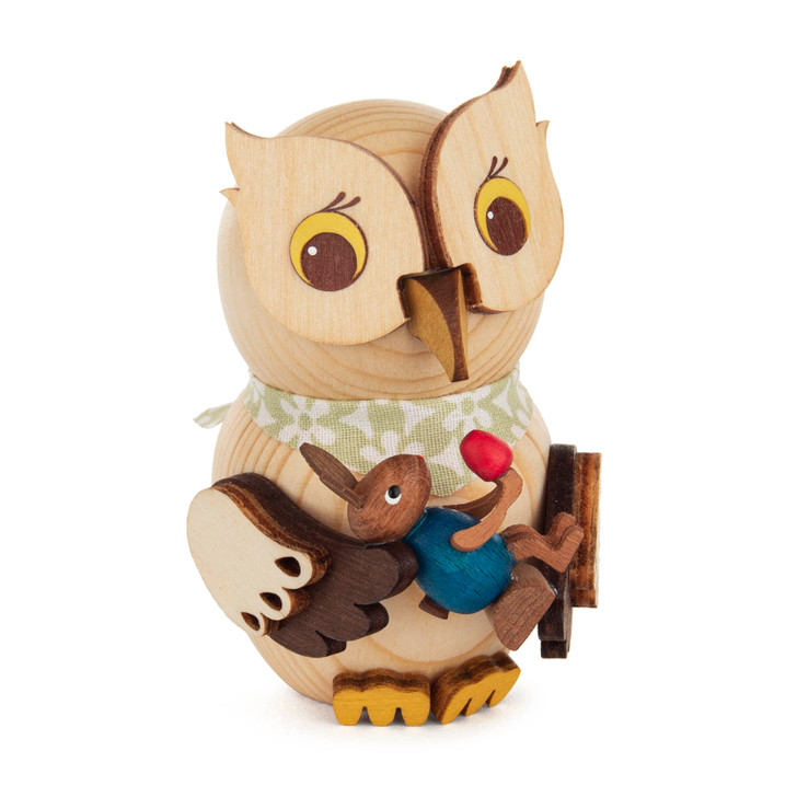 German Wooden Owl Holding Blue Easter Bunny – 3 Inches