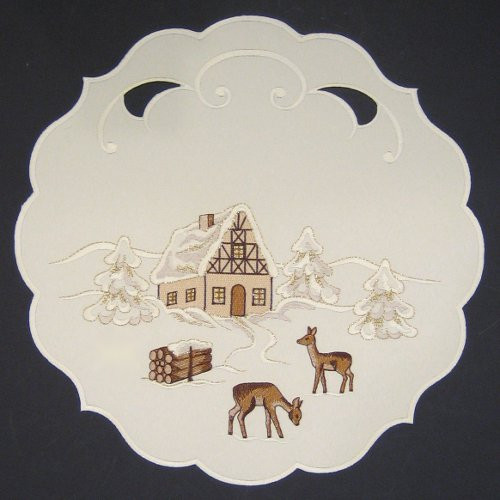 Christmas Winter World Creme Round Tablecloth | 11in | 30cm LNWINTERWELT30R – German handcrafted gift by Funke Stickerei GmbH