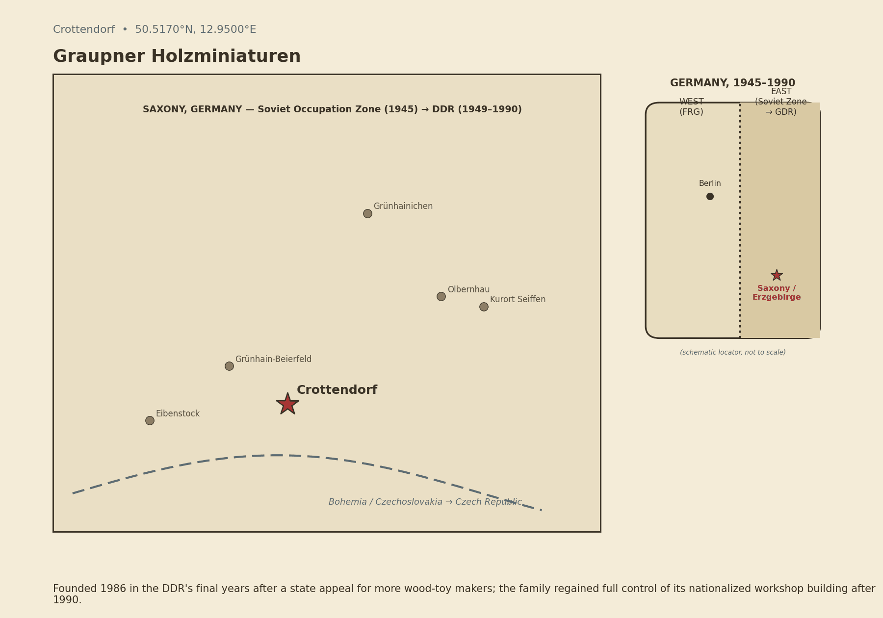 Map locating Graupner Holzminiaturen in Crottendorf, Saxony, showing the town's place in the former Soviet occupation zone / East Germany