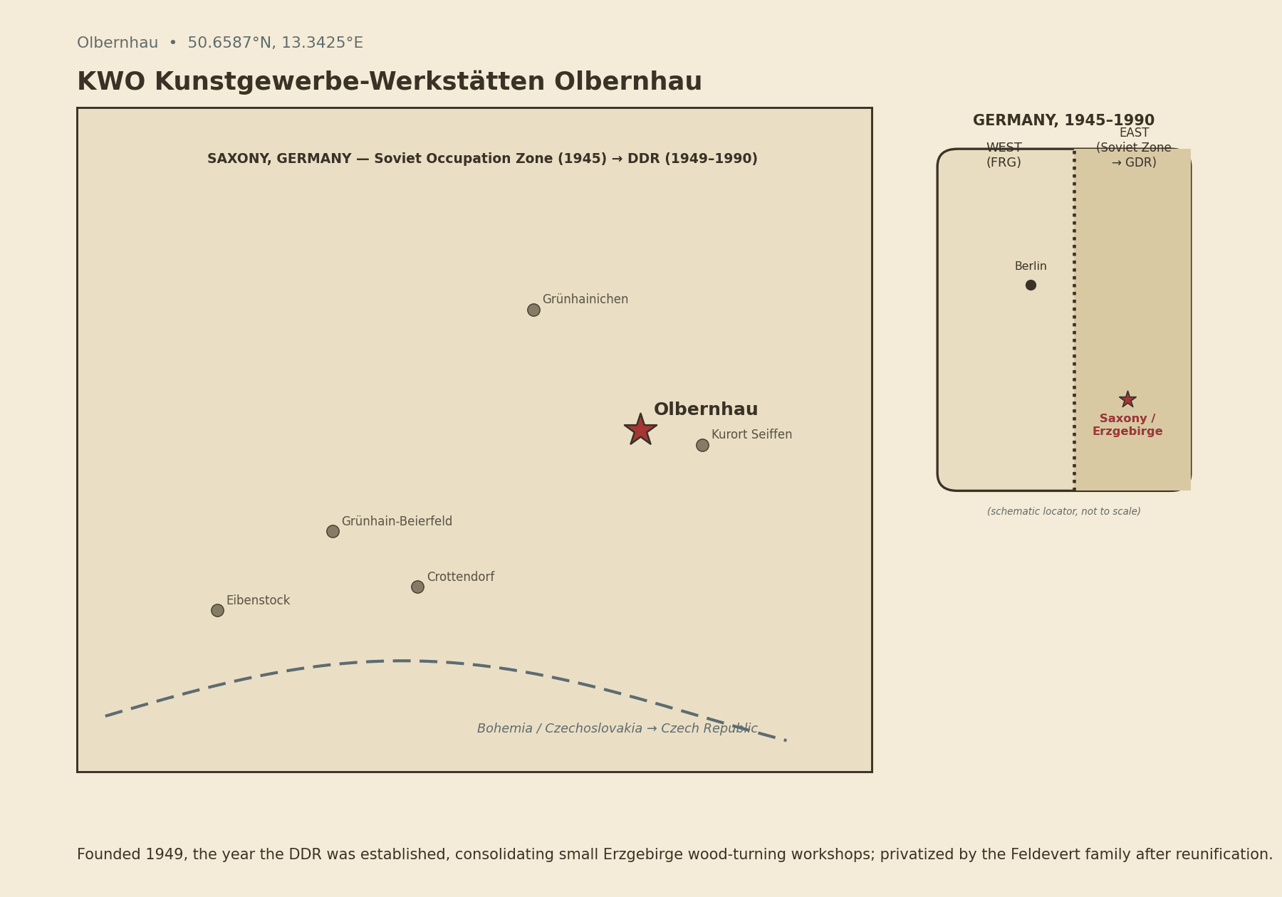 Map locating KWO Kunstgewerbe-Werkstätten Olbernhau in Olbernhau, Saxony, showing the town's place in the former Soviet occupation zone / East Germany