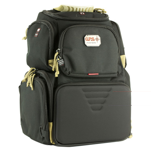 GPS Handgunner Backpack in black and tan, freestanding range bag