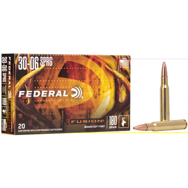 Federal Fusion 30-06 Springfield 180 Grain Boat Tail Soft Point ammunition box of 20 rounds
