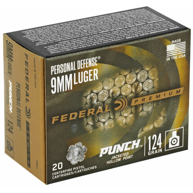 Federal Punch 9mm 124gr JHP cartridge and bullet detail