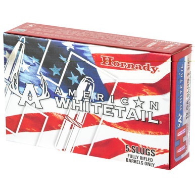 Hornady American Whitetail 12 Gauge slug cartridge close-up showing polycarbonate sabot and InterLock bullet
