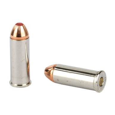 Hornady Critical Defense 44 Special FTX cartridge close-up showing nickel-plated case