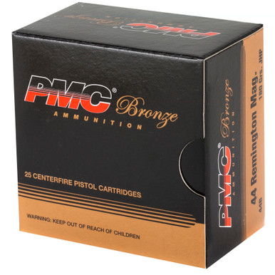 PMC Bronze 44 Magnum JHP cartridge close-up showing hollow point tip