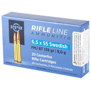 Prvi Partizan 6.5x55 Swedish FMJ cartridge and ammunition box detail