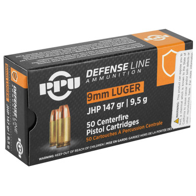 PPU 9mm 147 Grain JHP ammunition box and cartridges