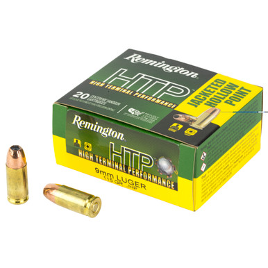 Remington HTP 9mm 115 Grain JHP 20-Round Box front view