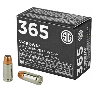 SIG Sauer V-Crown 9mm 115gr JHP short barrel defensive ammunition box
