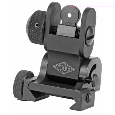 YHM Flip Rear Sight deployed position showing peep aperture and quick-release thumb screw