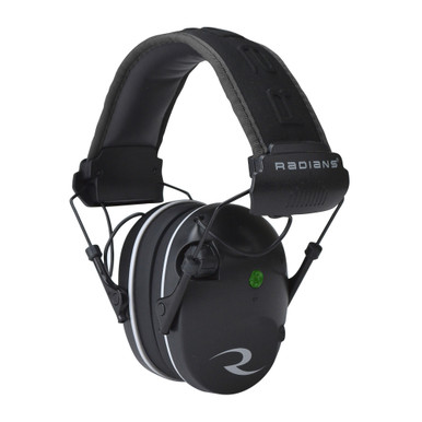 Radians R3200 Electronic Hearing Muff in black and gray, side view showing low-profile ear cups and adjustable headband