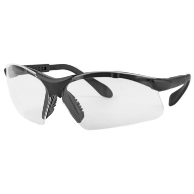 Radians Revelation safety glasses black frame clear lens side angle view