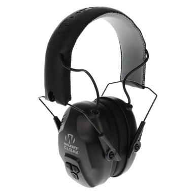Walker's Cloak Dual Mic Electronic Earmuff - front view showing folding headband and dual microphones