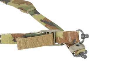 Blue Force Gear Vickers 221 Multicam sling detail view showing RED Swivel and Burnsed Socket hardware