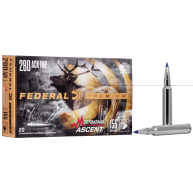 Federal Premium Terminal Ascent 280 Ackley Improved 155 Grain ammunition box, 20 rounds
