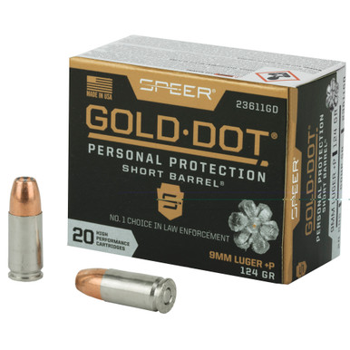 Speer Gold Dot 9mm 124gr Hollow Point box of 20 rounds front view