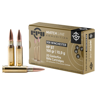 PPU Match .308 Winchester 168gr HPBT ammunition box, 20 rounds