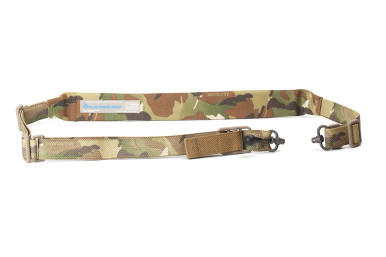 Blue Force Gear Vickers 221 Padded Sling in Multicam shown in 2-point configuration with RED Swivel