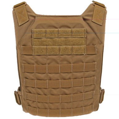 Grey Ghost Gear Minimalist Plate Carrier in Coyote, front view showing MOLLE webbing and stash pocket