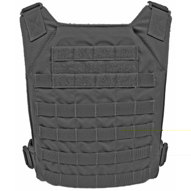 Grey Ghost Gear Minimalist Plate Carrier in Black, front view showing MOLLE webbing and stash pocket