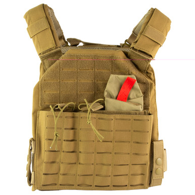 NcStar Laser Cut Plate Carrier in tan, front view showing kangaroo pouch and MOLLE webbing