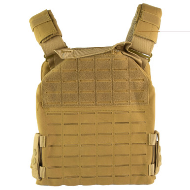 Tan plate carrier with removable triple magazine and tourniquet insert detail view