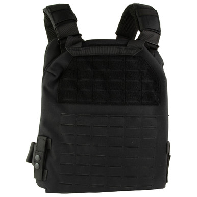 Black plate carrier rear view showing kangaroo pouch with removable triple magazine insert